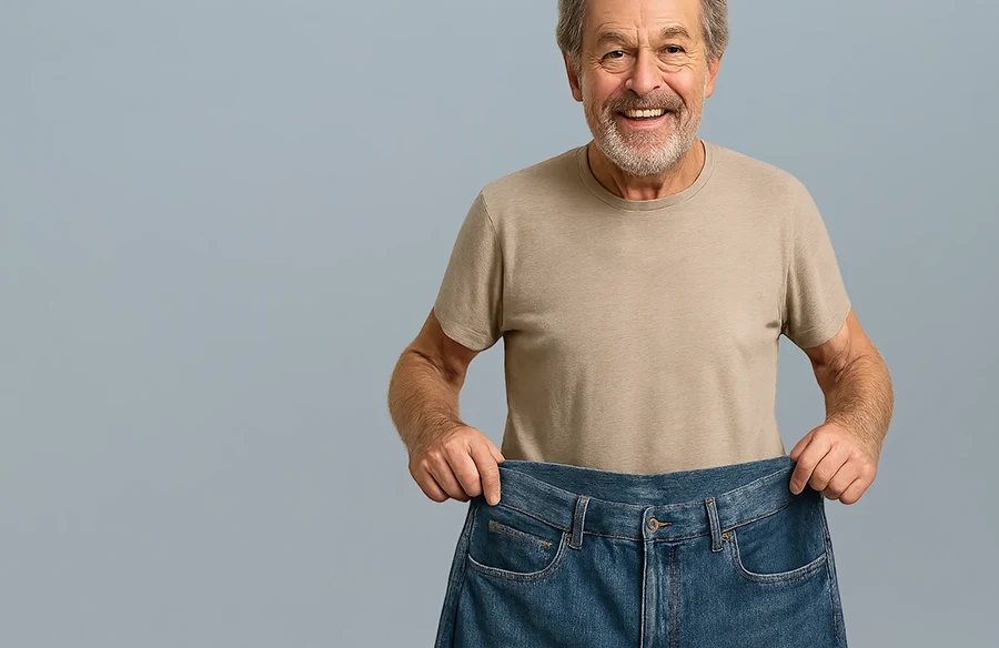 Abnehmspritze mit ärztlicher Begleitung im CUROS urologischen Zentrum Köln Bonn - mobileHero-2 Das Symbolbild zeigt einen glücklichen älteren Mann, der offenbar stark abgenommen hat, da er demonstrativ eine viel zu große Hose vor seinen Bauch hält.