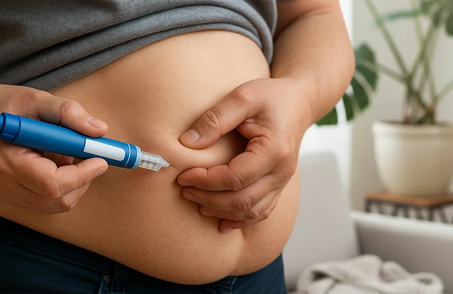 Abnehmspritze mit ärztlicher Begleitung im CUROS urologischen Zentrum Köln Bonn - Hero1-mobi Das Symbolbild zeigt einen adipösen Mann, der in seinem Wohnzimmer eine Abnehmspritze an seinem Bauch anwendet. Abnehmen mit der Abnehmspritze unter ärztlicher Betreuung bei CUROS